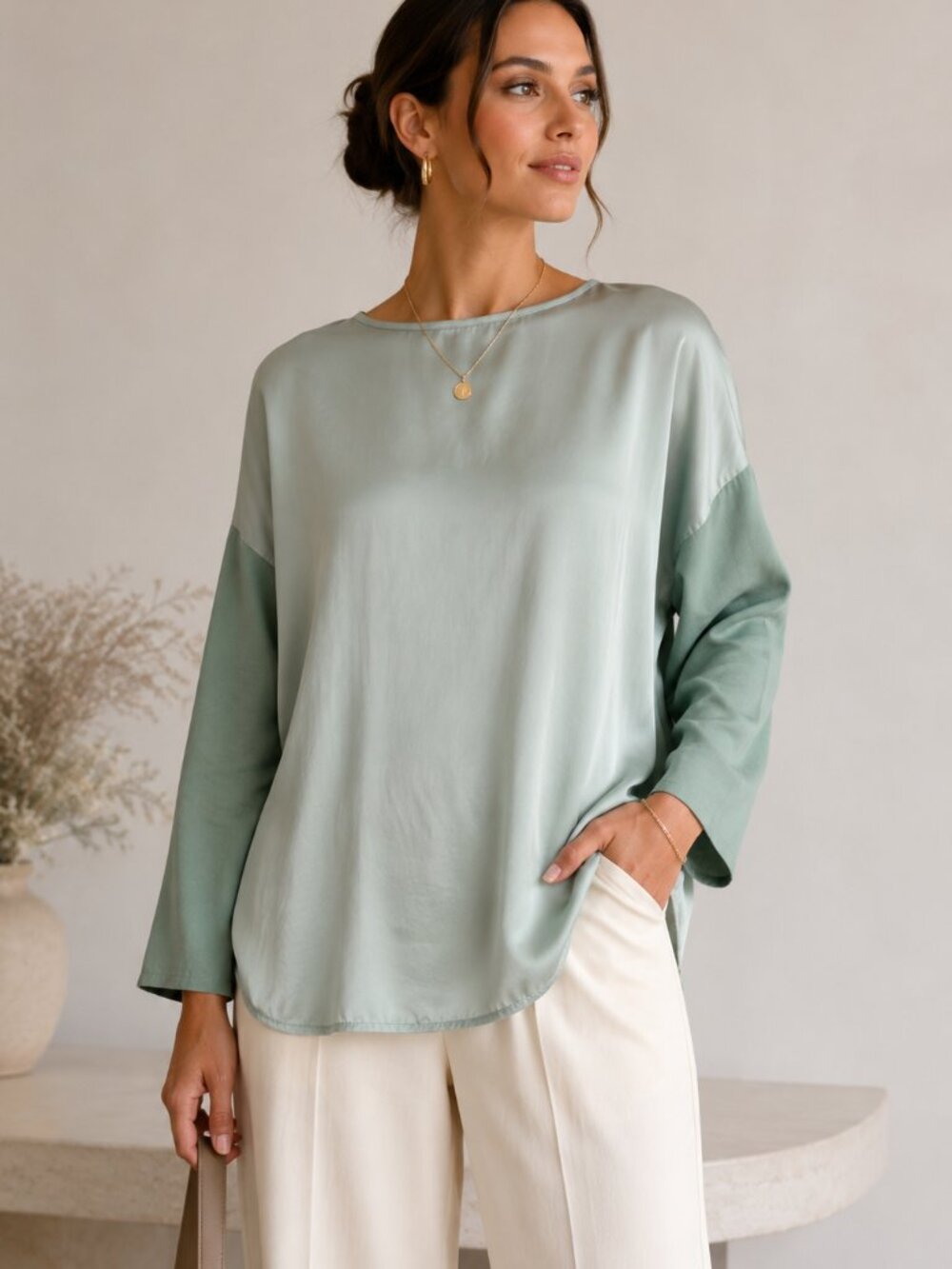 Florencia Two Tone Pullover Top in Seafoam Green Long Sleeves Italian Fabric